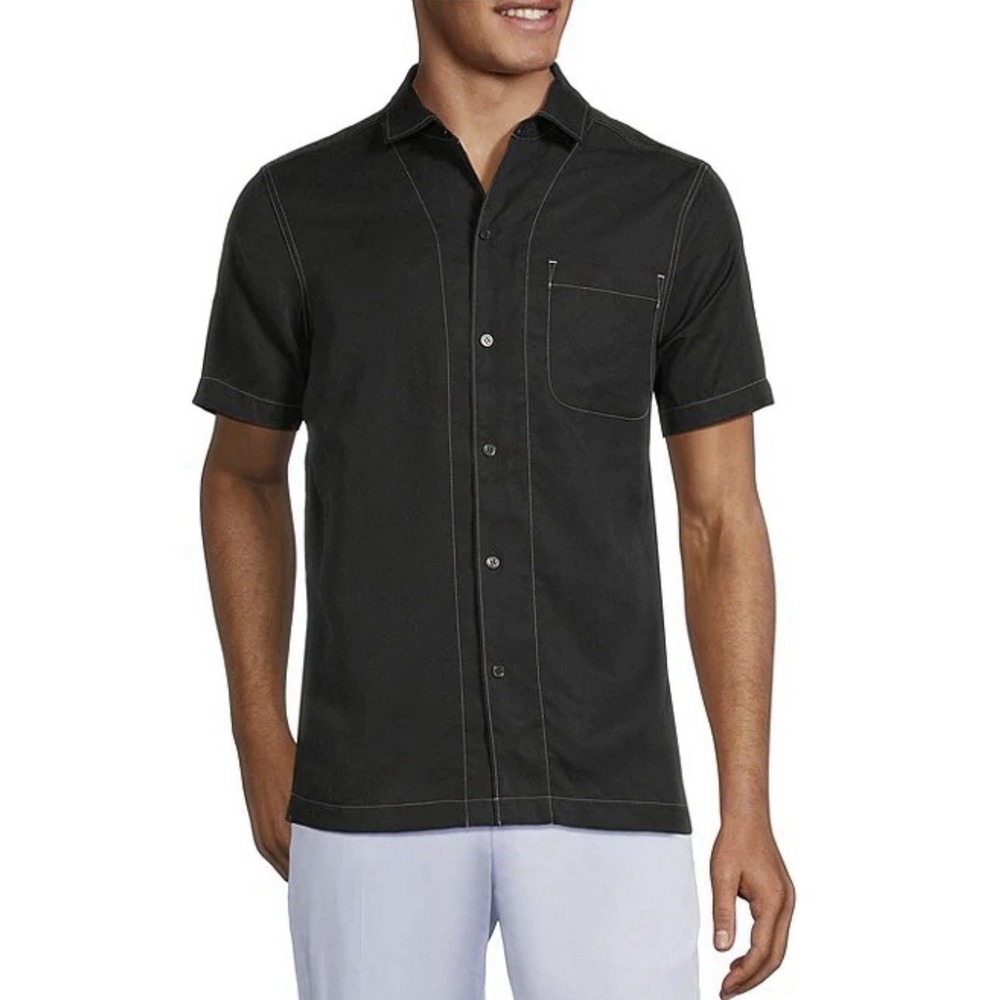 Murano‎ Shirt Mens 3XT Big Black Short Sleeve Contrast Stitch Button Front